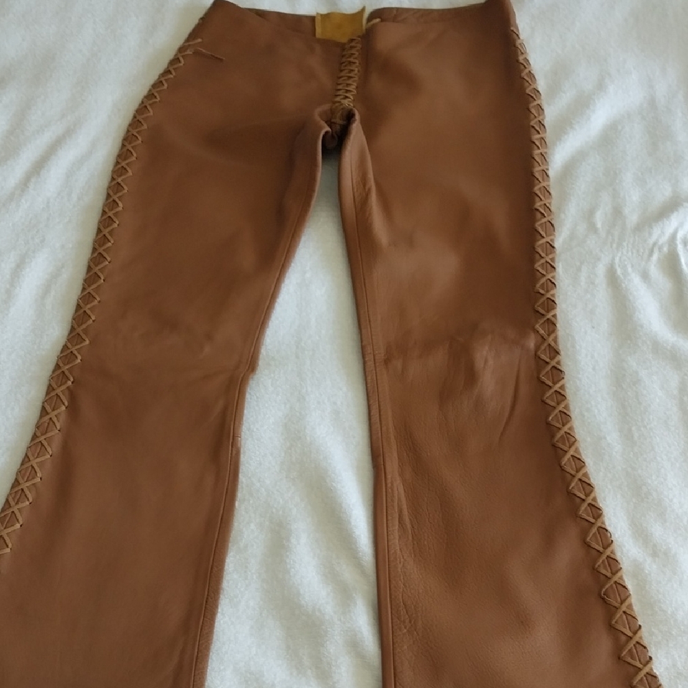 Ren Ellis Brown Leather Pants with Side and Back Detailing Size Small
